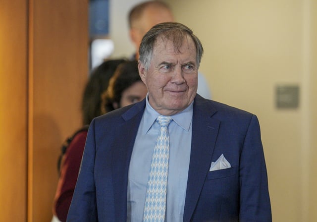 Dec 12, 2024; Chapel Hill, NC, USA;   North Carolina Tar Heels new head coach Bill Belichick walks to his seat for the announcement of his hiring  at Loudermilk Center for Excellence. Mandatory Credit: Jim Dedmon-Imagn Images/ File Photo