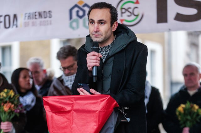 Actor Khalid Abdalla during a National March for Palestine event in London on Jan. 18, 2025.