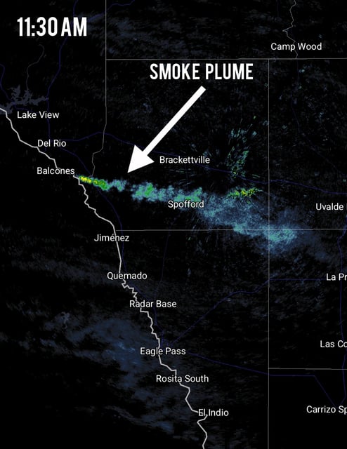 Shown is a smoke plume from a presumed wildfire Tuesday morning in southern Val Verde County, south of Del Rio. High winds are carrying the smoke eastward. 