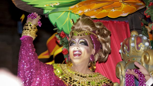 Royal Bianca Del Rio, a native of New Orleans and the winner of the sixth season of the well-known reality/competition television program RuPaul's Drag Race, controls the riders on numerous floats. (Scott Threlkeld/The Times-Picayune/The New Orleans Advocate via AP)