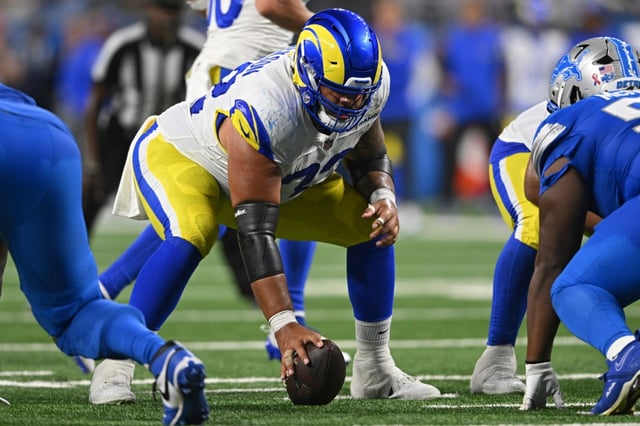 Rams center Jonah Jackson waits to snap the ball during the first half against the Detroit Lions on Sept. 8, 2024, in Detroit. (AP Photo/David Dermer)