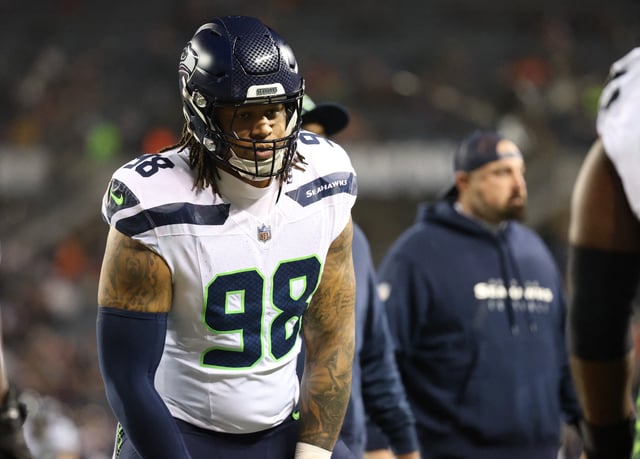 Dec 26, 2024; Chicago, Illinois, USA; Seattle Seahawks defensive tackle Roy Robertson-Harris (98) warms up before a game against the Chicago Bears at Soldier Field. Mandatory Credit: Talia Sprague-Imagn Images/File Photo