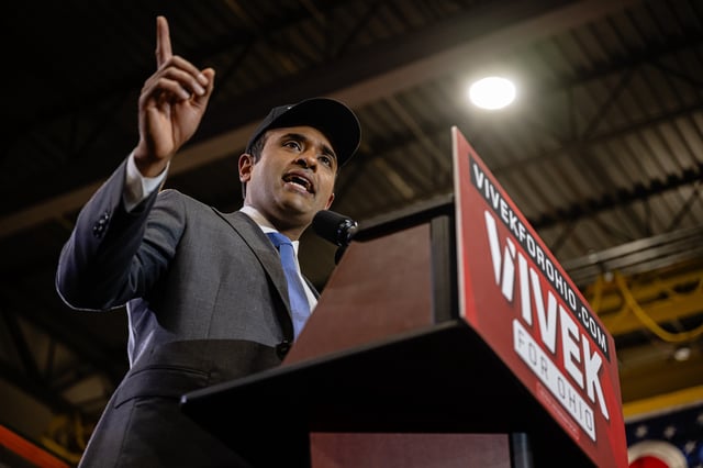 Vivek Ramaswamy speaks during his campaign launch in Cincinnati, Ohio on February 24, 2025.