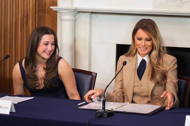 First lady Melania Trump sits next to Elliston Berry after a roundtable discussion Monday on the "Take It Down Act" at the U.S. Capitol in Washington.