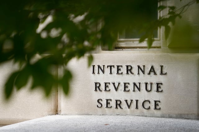 The sign outside the Internal Revenue Service building is seen in May 2021 in Washington, DC.