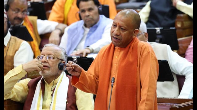 Uttar Pradesh chief minister Yogi Adityanath speaking at legislative assembly in Lucknow on March 4. (HT photo)