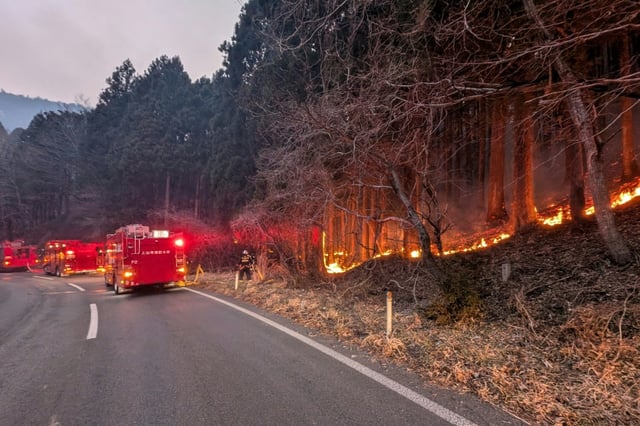 Firefighters battle flames near the city of Ofunato, Iwate Prefecture