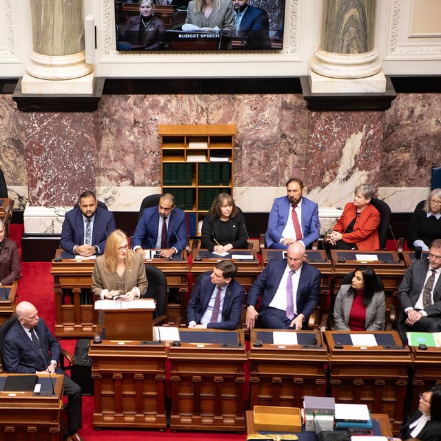 Minister of Finance Brenda Bailey tables her first budget in the legislative assembly at legislature in Victoria, B.C., on Tuesday, March 4, 2025. THE CANADIAN PRESS/Chad Hipolito