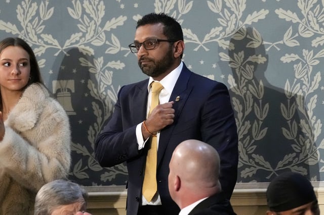 FBI Director Kash Patel gestures as President Donald Trump addresses a joint session of Congress at the Capitol in Washington, Tuesday, March 4, 2025. (AP Photo/Ben Curtis)
