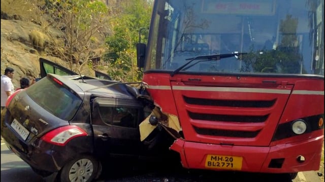 Two persons died and three others were injured after car collided with ST bus in Tamhini Ghat on Tuesday. (HT)