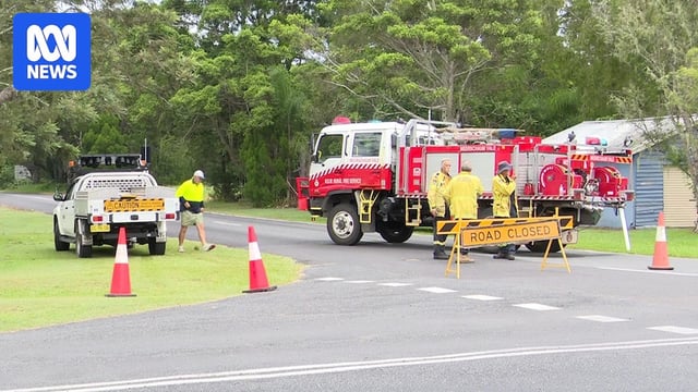 A fire engine and truck with men in high vis gear on a road next to the bush