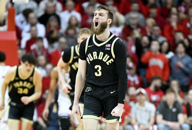 Feb 23, 2025; Bloomington, Indiana, USA; Purdue Boilermakers guard Braden Smith (3) celebrates after a play during the first half Indiana Hoosiers at Simon Skjodt Assembly Hall. Mandatory Credit: Robert Goddin-Imagn Images/File Photo