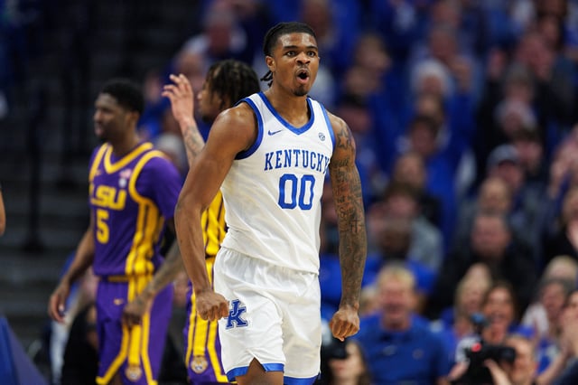 Mar 4, 2025; Lexington, Kentucky, USA; Kentucky Wildcats guard Otega Oweh (00) reacts after scoring a basket during the first half against the LSU Tigers at Rupp Arena at Central Bank Center. Mandatory Credit: Jordan Prather-Imagn Images