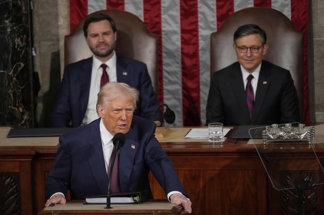 President Donald Trump talks about Greenland as he addresses a joint session of Congress in the House chamber at the U.S. Capitol in Washington, Tuesday, March 4, 2025, as Vice President JD Vance and House Speaker Mike Johnson of La., listen. (AP Photo/Julia Demaree Nikhinson)