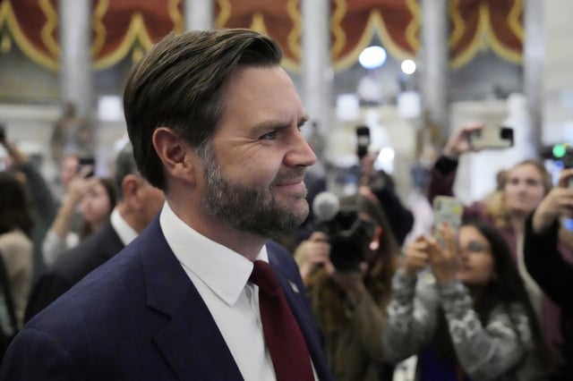 Vice President JD Vance arrives before President Donald Trump addresses a joint session of Congress at the Capitol in Washington, Tuesday, March 4, 2025. (AP Photo/Ben Curtis)