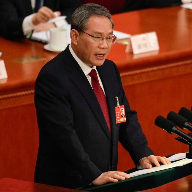 Chinese Premier Li Qiang speaks during the opening session of the National People's Congress (NPC) at the Great Hall of the People in Beijing, China, Wednesday, March 5, 2025.