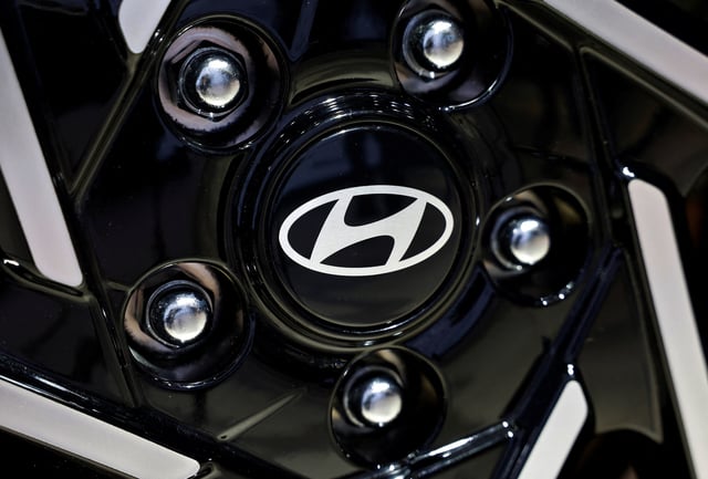 A logo of Hyundai Motors is seen during the launch of the new Alcazar, an SUV, in New Delhi, India, September 9, 2024. REUTERS/Priyanshu Singh/File Photo
