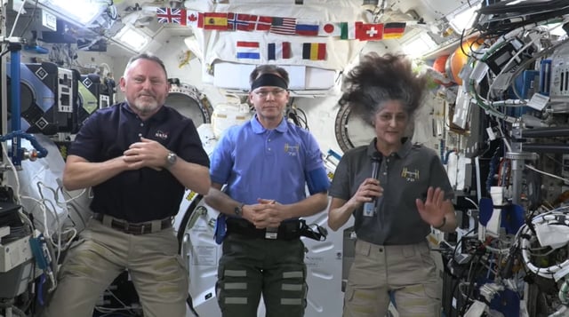 NASA astronauts (from left) Butch Wilmore, Nick Hague and Suni Williams talk to reporters March 4 from the ISS.