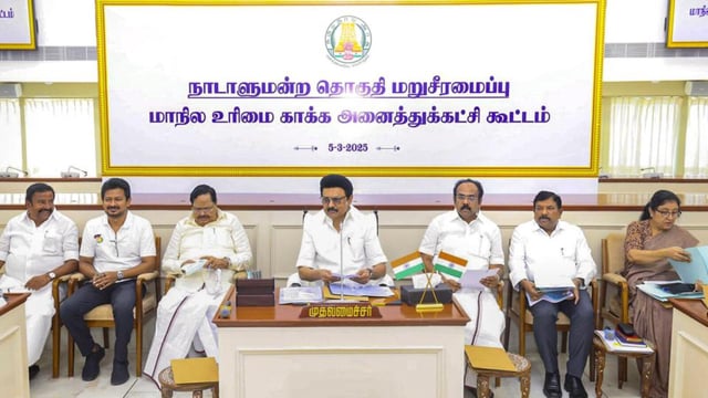 Tamil Nadu chief minister M K Stalin chairs an all-party meeting in Chennai, on Wednesday. (@Udhaystalin)