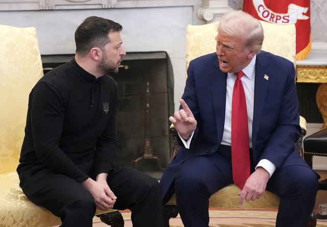 President Donald Trump and Ukrainian President Volodymyr Zelensky meet in the Oval Office at the White House on February 28, 2025 in Washington, DC. Trump and Zelensky are meeting today to negotiate a preliminary agreement on sharing Ukraine’s mineral resources that Trump says will allow America to recoup aid provided to Kyiv while supporting Ukraine’s economy.