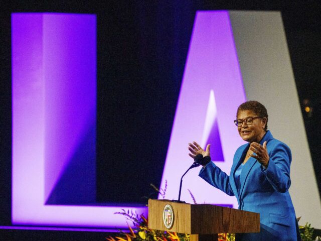 FILE - New Los Angeles Mayor Karen Bass speaks during her inaugural address, Sunday, Dec. 11, 2022. The new mayor of Los Angeles, Bass, said Sunday, Dec. 18, her administration will start moving homeless people in tent encampments into hotel and motel rooms through a new program that launches Tuesday. (AP Photo/Damian Dovarganes, File)