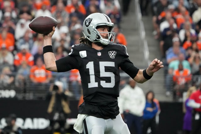 Nov 24, 2024; Paradise, Nevada, USA; Las Vegas Raiders quarterback Gardner Minshew (15) throws the ball against the Denver Broncos in the first half at Allegiant Stadium. Mandatory Credit: Kirby Lee-Imagn Images/File Photo