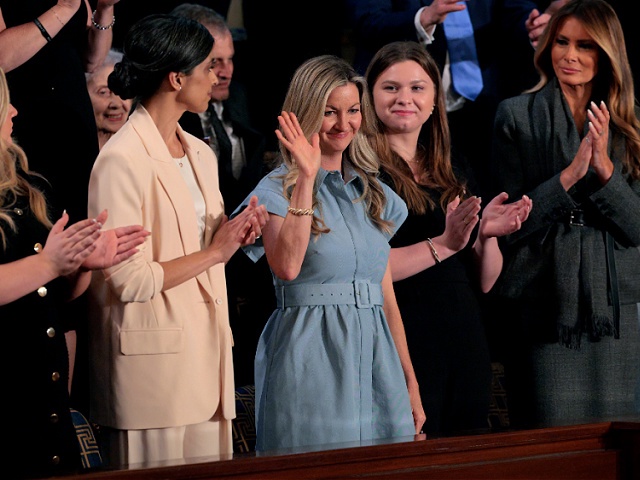 WASHINGTON, DC - MARCH 04: January Littlejohn (2-R) reacts as Second Lady Usha Vance (L) and First Lady Melania Trump (R) look on during U.S. President Donald Trump's address to a joint session of Congress at the U.S. Capitol on March 04, 2025 in Washington, DC. President Trump was expected to address Congress on his early achievements of his presidency and his upcoming legislative agenda. (Photo by Chip Somodevilla/Getty Images)