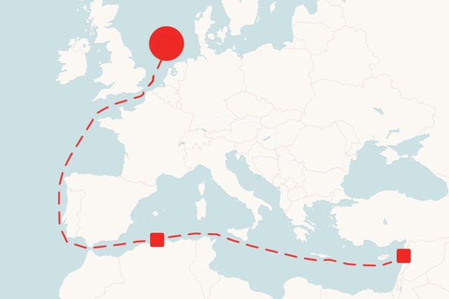 This map, based on data captured by Global Fishing Watch and MarineTraffic, shows the tracks of the U.S.-sanctioned Russian cargo ship Baltic Leader from February 12 to March 5.