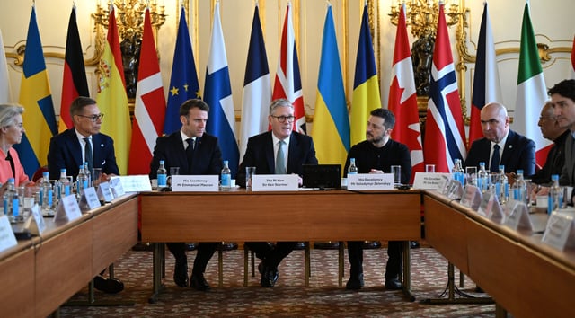 (L-R) European Commission President Ursula von der Leyen, Finland's President Alexander Stubb, France's President Emmanuel Macron, Britain's Prime Minister Keir Starmer, Ukraine's President Volodymyr Zelensky, Romania's Interim President Ilie Bolojan, European Council President Antonio Costa and Canada's Prime Minister Justin Trudeau begin a plenary meeting at a summit held at Lancaster House in central London on March 2, 2025. European leaders descend upon London today for talks to "drive forward" action on Ukraine, according to the office of UK Prime Minister Keir Starmer. The summit caps off a week of intense diplomacy for host Starmer, who met with President Donald Trump on Thursday in an effort to draw together the European and US approaches to the Ukraine conflict. (Photo by JUSTIN TALLIS / POOL / AFP) (Photo by JUSTIN TALLIS/POOL/AFP via Getty Images)