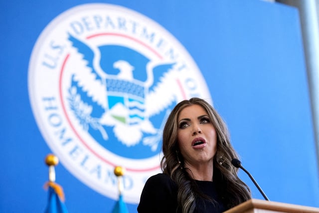 Homeland Security Secretary Kristi Noem speaks to employees at the Department of Homeland Security, Tuesday, Jan. 28, 2025, in Washington, U.S. Manuel Balce Ceneta/Pool via