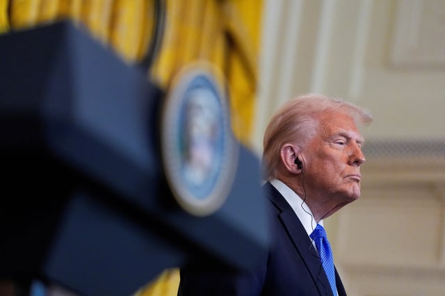 U.S. President Donald Trump holds a joint press conference with Japanese Prime Minister Shigeru Ishiba in the East Room at the White House in Washington, U.S., February 7, 2025.