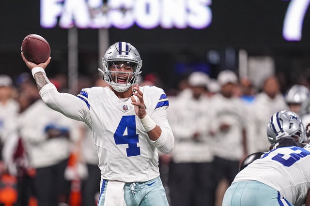 Nov 3, 2024; Atlanta, Georgia, USA; Dallas Cowboys quarterback Dak Prescott (4) throws a pass against the Atlanta Falcons during the second half at Mercedes-Benz Stadium. Mandatory Credit: Dale Zanine-Imagn Images/File Photo