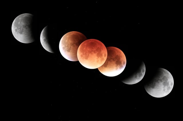 This sequence of photos was taken during the Sept. 27, 2015 total lunar eclipse. Note that the top of the eclipsed Moon is darker, indicating that it was closer to the center of Earth’s umbra. Credit: Philippe Moussette