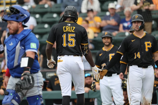 Mar 5, 2025; Bradenton, Florida, USA;  Pittsburgh Pirates outfield Oneil Cruz (15) is congratulated by Pittsburgh Pirates catcher Joey Bart (14) after he hit a 3-run home run ]during the fifth inning against the Toronto Blue Jays at LECOM Park. Mandatory Credit: Kim Klement Neitzel-Imagn Images