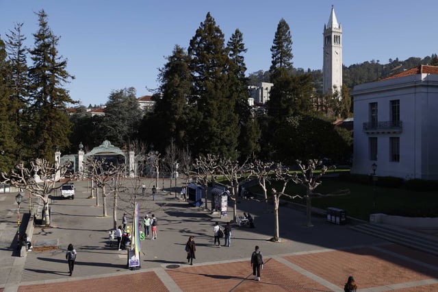 Students walk to class through Sproul Plaza on the UC Berkeley campus in 2022. The U.S. Department of Justice announced Wednesday it is investigating claims of antisemitism at University of California campuses.
