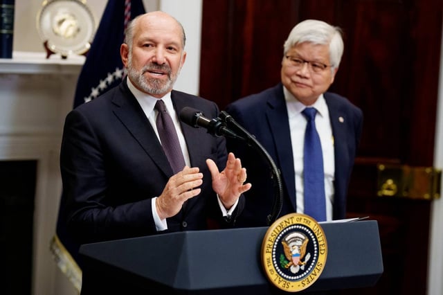 Commerce Secretary Howard Lutnick, left, accompanied by Taiwan Semiconductor Manufacturing Company CEO C.C. Wei, speaks as he joins President Donald Trump in the Roosevelt Room of the White House on March 3, 2025 in Washington, D.C. (Andrew Harnik / Getty Images)