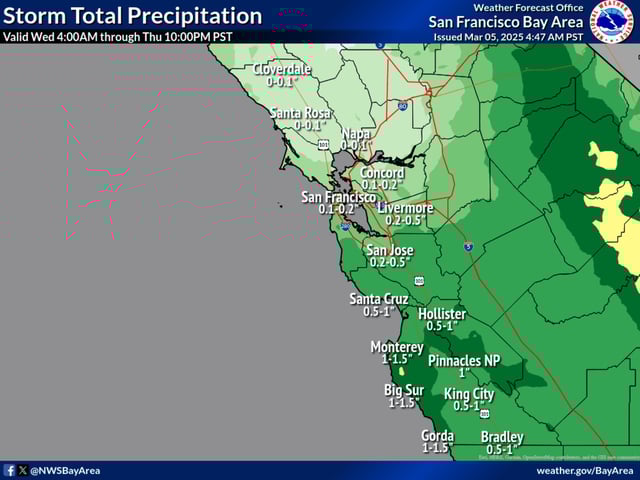 The Bay Area and Central Coast will experience some light rain, cold temperatures and possible snow at higher elevations over the next couple of days. A brief respite will then lead to more rain Sunday, March 9, 2025 and into next week. Courtesy National Weather Service via Bay City News.