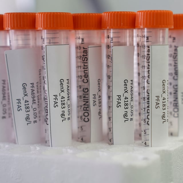 Vials containing PFAS samples sit in a tray at a U.S. Environmental Protection Agency lab in Cincinnati, Wednesday, April 10, 2024. THE CANADIAN PRESS/AP-Joshua A. Bickel