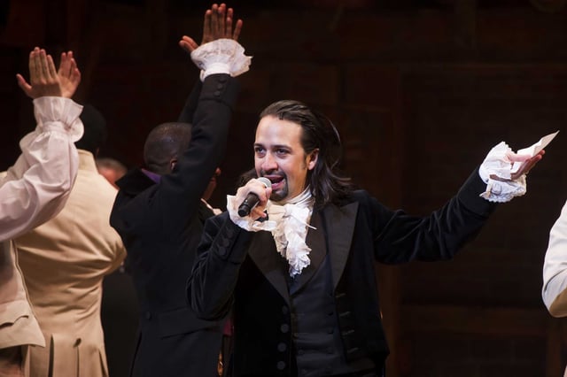 Lin-Manuel Miranda appears at the curtain call following the opening night performance of “Hamilton” at the Richard Rodgers Theatre in New York in 2015. Miranda has canceled a planned run of the hit Broadway musical “Hamilton” at the John F. Kennedy Center for the Performing Arts next year, citing the institution’s politicization following President Donald Trump’s recent takeover.