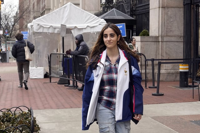 Maryam Alwan, who was arrested and suspended after her arrest at the "Gaza Solidarity Encampment" in 2024 at New York's Columbia University in 2024, is photographed outside the campus, Wednesday, March 5, 2025. (AP Photo/Richard Drew)