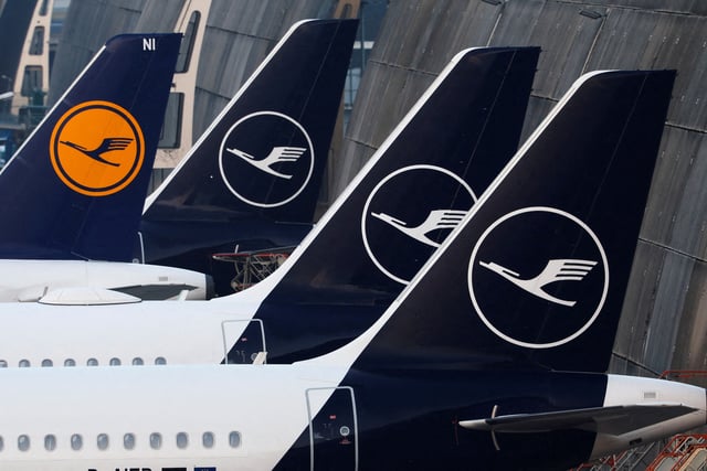 Lufthansa planes parked at Frankfurt airport, Germany, March 7, 2024. REUTERS/Kai Pfaffenbach/File Photo