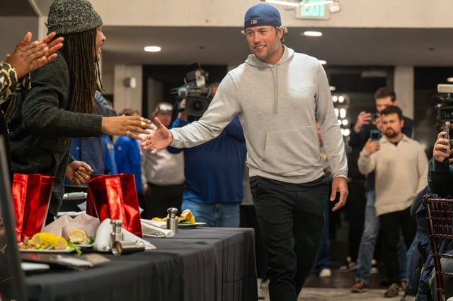 Rams quarterback Matthew Stafford shakes hands before announcing that he and the Rams will be providing new uniforms for Pasadena High’s football team during their awards banquet on Wednesday night at Brookside Country Club in Pasadena. (Photo by Hans Gutknecht, Los Angeles Daily News/SCNG)