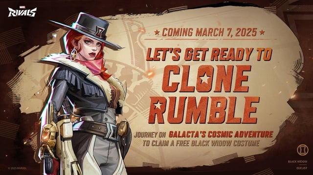 Black Widow in her Mrs. Barnes costume, which can be unlocked for free, in a poster for the Clone Rumble game mode.