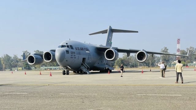 A US military aircraft carrying illegal Indian immigrants upon its landing at the Shri Guru Ramdas Ji International Airport, in Amritsar, Punjab, on February 5, 2025.