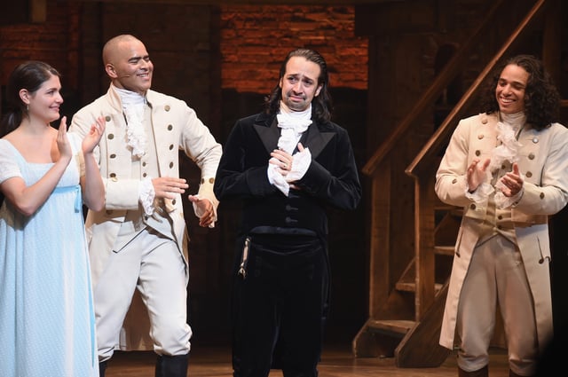 Phillipa Soo, Christopher Jackson, Lin-Manuel Miranda and Anthony Ramos attend Lin-Manuel Miranda&#39;s final performance of &#34;Hamilton&#34; on Broadway at Richard Rodgers Theatre on July 9, 2016 in New York City.