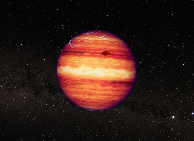 View larger. | Artist's concept of SIMP 0136. It is a rogue super-Jupiter floating freely in space, with no star. New observations by NASA's Webb space telescope show that variations in the object's brightness can be explained by patchy clouds, hot spots and carbon chemistry. Image via NASA/ ESA/ CSA/ Joseph Olmsted (STScI).