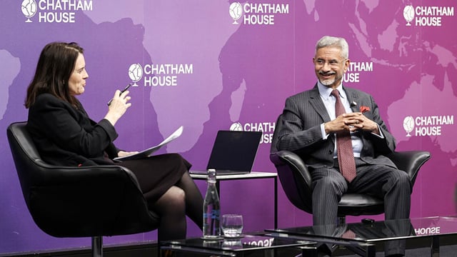 External Affairs Minister S Jaishankar in conversation with Chatham House Director and CEO Bronwen Maddox, at Chatham House in London on Wednesday. 