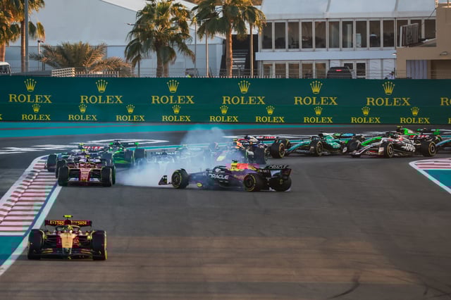 Max Verstappen of the Netherlands driving the (1) Oracle Red Bull Racing RB20 on track spins after colliding with Oscar Piastri of Australia and McLaren during the F1 Grand Prix of Abu Dhabi at Yas Marina Circuit on December 8, 2024 in Abu Dhabi, United Arab Emirates.