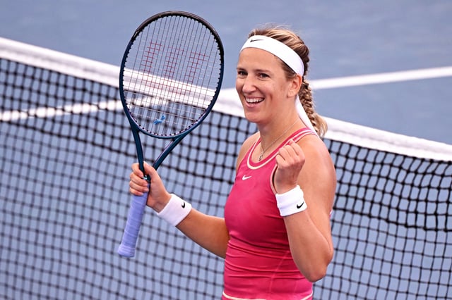 Belarus' Victoria Azarenka celebrates winning her women's singles quarter-final match against Latvia's Jelena Ostapenko at the Brisbane International tennis tournament in Brisbane on January 5, 2024. (Photo by William WEST / AFP) / --IMAGE RESTRICTED TO EDITORIAL USE - STRICTLY NO COMMERCIAL USE-- (Photo by WILLIAM WEST/AFP via Getty Images)