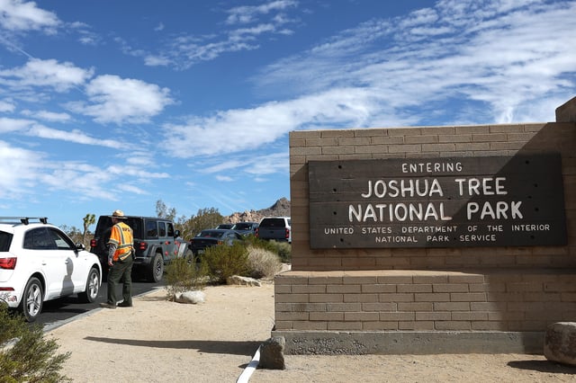 A National Park Service park ranger assists a driver while helping direct traffic from backing up into the adjacent community at an entrance to Joshua Tree National Park on Feb. 19, 2025, in Joshua Tree, Calif.